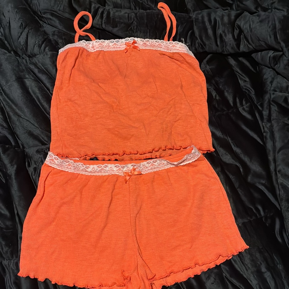 Orange Two-piece Pajama set with White Lace